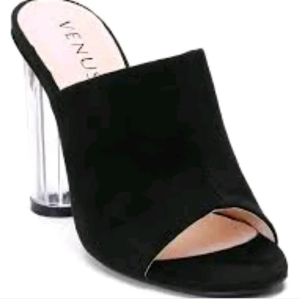 Venus clear lucite chunky heel vegan suede slip on Peep toe heels‎